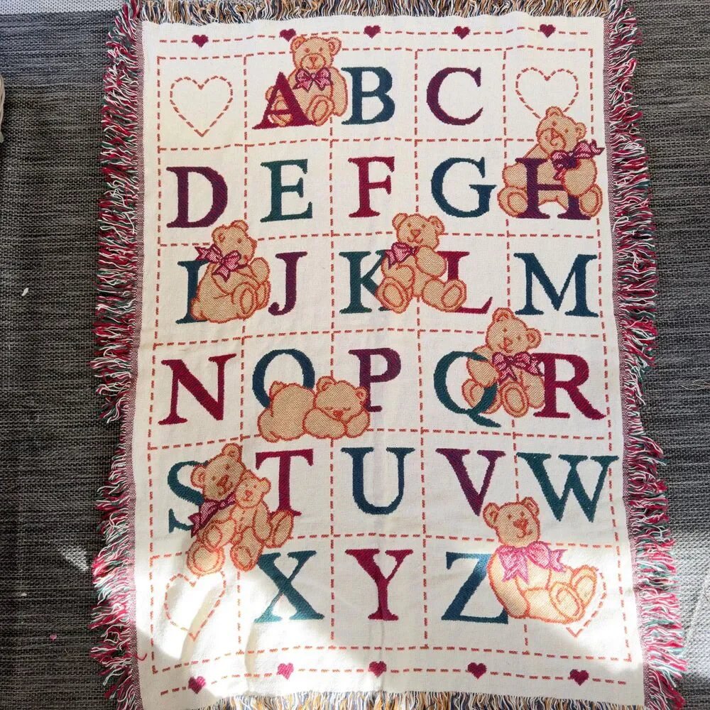 Vintage Alphabet and Bears Woven Blanket With Fringe